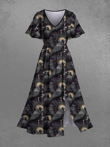 Gothic Plus Size Crow Mirrow Print Split Pocket A Line Midi Dress