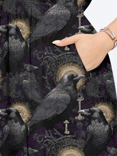Gothic Plus Size Crow Mirrow Print Split Pocket A Line Midi Dress
