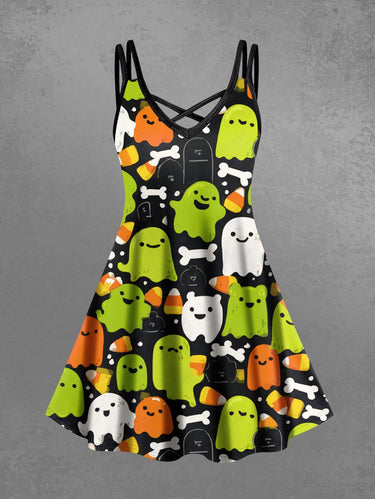Gothic Plus Size Cute Ghost Bone Print Halloween Crisscross Strappy A Line Cami Dress