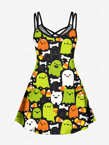 Gothic Plus Size Cute Ghost Bone Print Halloween Crisscross Strappy A Line Cami Dress