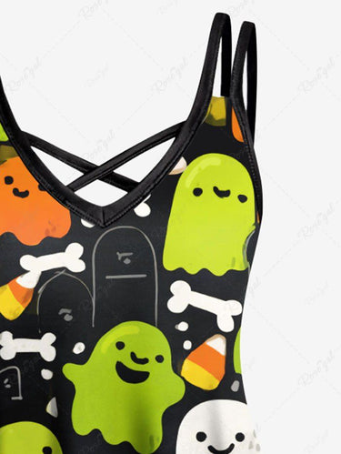 Gothic Plus Size Cute Ghost Bone Print Halloween Crisscross Strappy A Line Cami Dress