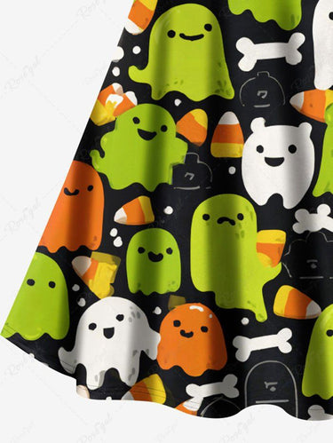 Gothic Plus Size Cute Ghost Bone Print Halloween Crisscross Strappy A Line Cami Dress