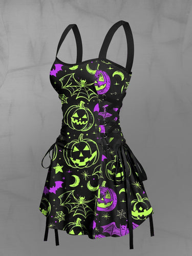 Gothic Pumpkin Lantern Bat Spider Web Moon Star Galaxy Print Halloween Lace Up A Line Dress