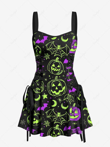 Gothic Pumpkin Lantern Bat Spider Web Moon Star Galaxy Print Halloween Lace Up A Line Dress