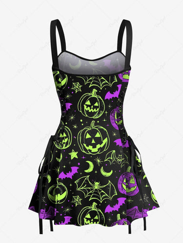 Gothic Pumpkin Lantern Bat Spider Web Moon Star Galaxy Print Halloween Lace Up A Line Dress