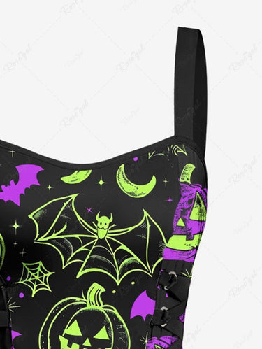 Gothic Pumpkin Lantern Bat Spider Web Moon Star Galaxy Print Halloween Lace Up A Line Dress