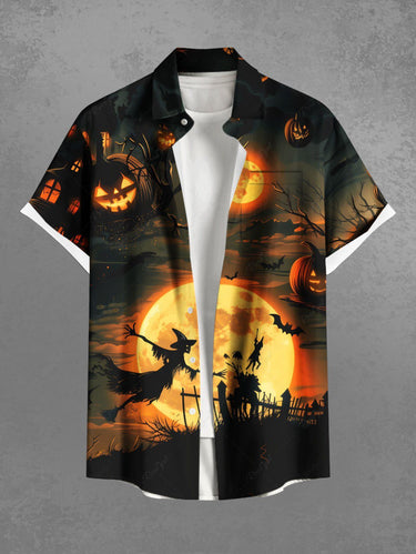 Gothic Plus Size Wizard Bat Glitter Moon Pumpkin Castle Print Halloween Button Pocket Shirt For Men