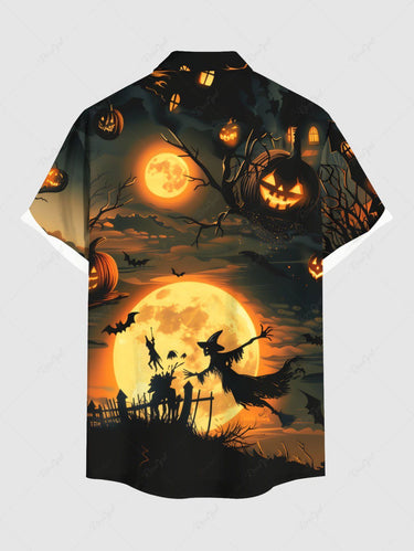 Gothic Plus Size Wizard Bat Glitter Moon Pumpkin Castle Print Halloween Button Pocket Shirt For Men