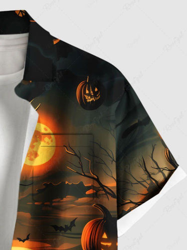 Gothic Plus Size Wizard Bat Glitter Moon Pumpkin Castle Print Halloween Button Pocket Shirt For Men