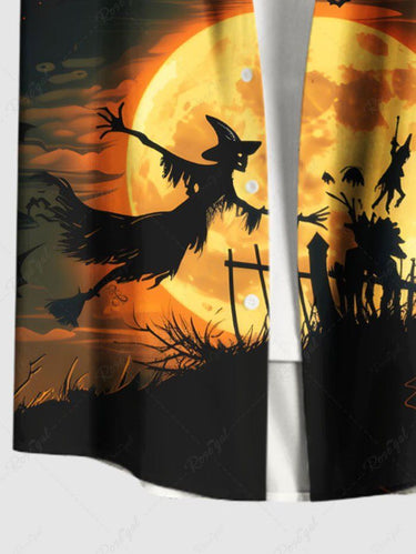 Gothic Plus Size Wizard Bat Glitter Moon Pumpkin Castle Print Halloween Button Pocket Shirt For Men