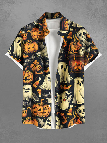 Gothic Plus Size Pumpkin Ghost Bat Fire Flame Print Halloween Button Pocket Shirt For Men