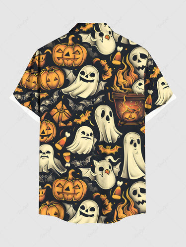 Gothic Plus Size Pumpkin Ghost Bat Fire Flame Print Halloween Button Pocket Shirt For Men