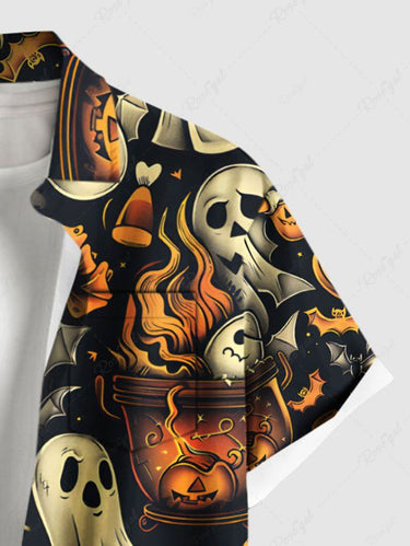 Gothic Plus Size Pumpkin Ghost Bat Fire Flame Print Halloween Button Pocket Shirt For Men