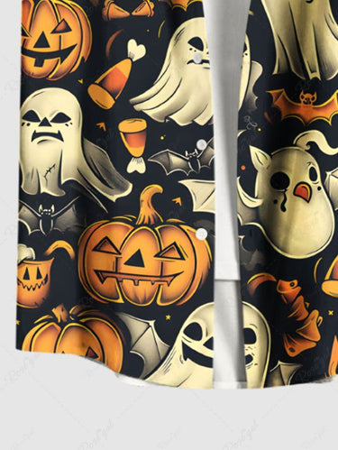 Gothic Plus Size Pumpkin Ghost Bat Fire Flame Print Halloween Button Pocket Shirt For Men