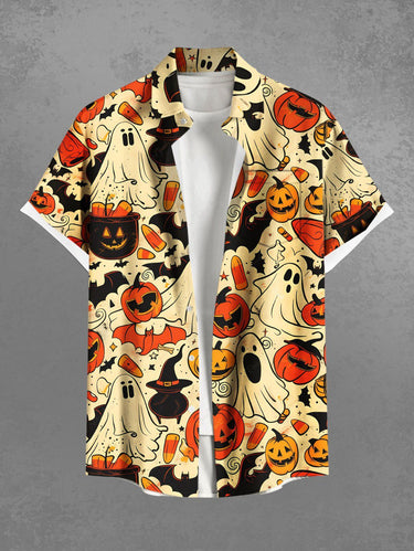 Gothic Plus Size Pumpkin Ghost Bat Print Halloween Button Pocket Shirt For Men