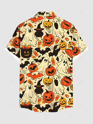 Gothic Plus Size Pumpkin Ghost Bat Print Halloween Button Pocket Shirt For Men