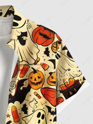 Gothic Plus Size Pumpkin Ghost Bat Print Halloween Button Pocket Shirt For Men