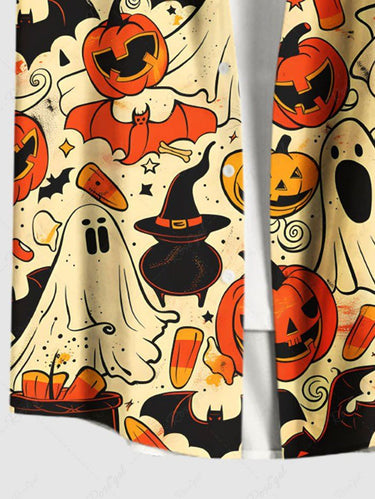 Gothic Plus Size Pumpkin Ghost Bat Print Halloween Button Pocket Shirt For Men