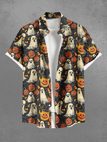 Gothic Plus Size Pumpkin Ghost Bat Print Halloween Button Pocket Shirt For Men
