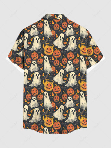 Gothic Plus Size Pumpkin Ghost Bat Print Halloween Button Pocket Shirt For Men