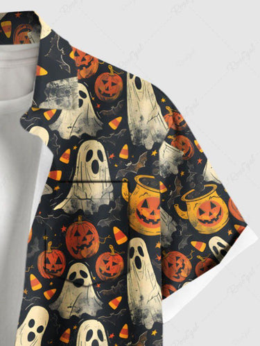 Gothic Plus Size Pumpkin Ghost Bat Print Halloween Button Pocket Shirt For Men