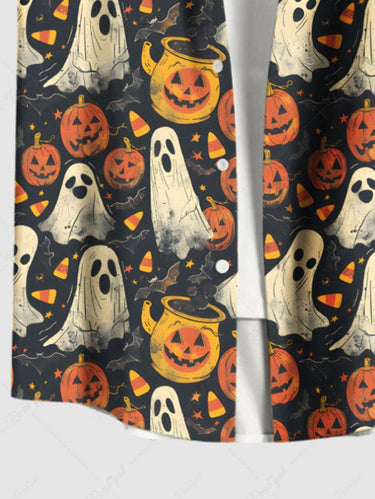 Gothic Plus Size Pumpkin Ghost Bat Print Halloween Button Pocket Shirt For Men