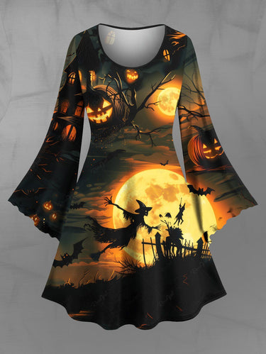 Gothic Plus Size Wizard Bat Glitter Moon Pumpkin Castle Print Halloween A Line Dress