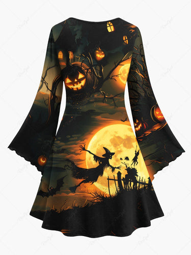 Gothic Plus Size Wizard Bat Glitter Moon Pumpkin Castle Print Halloween A Line Dress