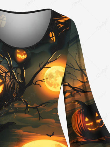 Gothic Plus Size Wizard Bat Glitter Moon Pumpkin Castle Print Halloween A Line Dress