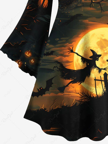 Gothic Plus Size Wizard Bat Glitter Moon Pumpkin Castle Print Halloween A Line Dress