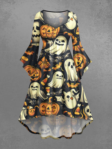 Gothic Plus Size Pumpkin Ghost Bat Print Halloween Ruched High Low Asymmetric Dress