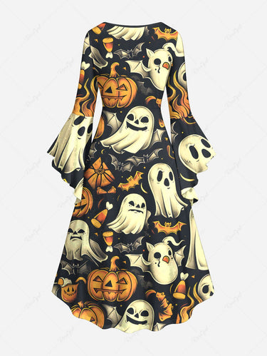 Gothic Plus Size Pumpkin Ghost Bat Print Halloween Ruched High Low Asymmetric Dress