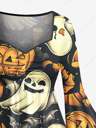 Gothic Plus Size Pumpkin Ghost Bat Print Halloween Ruched High Low Asymmetric Dress