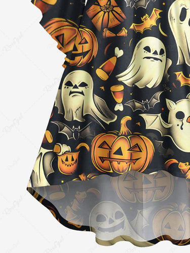 Gothic Plus Size Pumpkin Ghost Bat Print Halloween Ruched High Low Asymmetric Dress