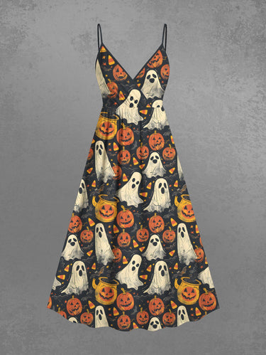 Gothic Plus Size Pumpkin Ghost Bat Print Halloween Surplice A Line Cami Dress