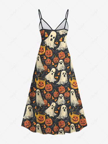 Gothic Plus Size Pumpkin Ghost Bat Print Halloween Surplice A Line Cami Dress