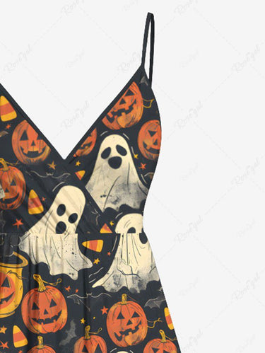 Gothic Plus Size Pumpkin Ghost Bat Print Halloween Surplice A Line Cami Dress