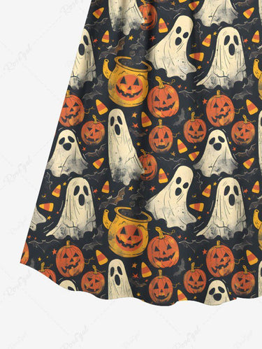 Gothic Plus Size Pumpkin Ghost Bat Print Halloween Surplice A Line Cami Dress