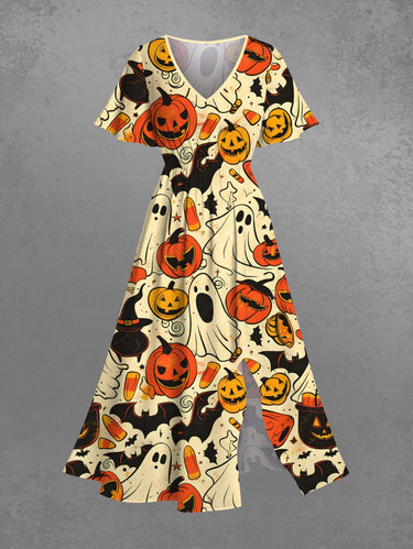 Gothic Plus Size Pumpkin Ghost Bat Print Halloween Split Pocket A Line Midi Dress