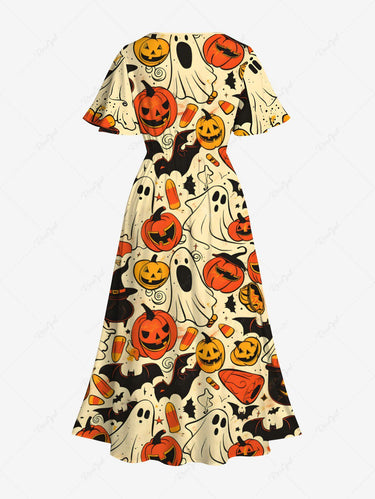 Gothic Plus Size Pumpkin Ghost Bat Print Halloween Split Pocket A Line Midi Dress