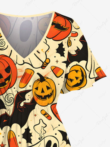 Gothic Plus Size Pumpkin Ghost Bat Print Halloween Split Pocket A Line Midi Dress