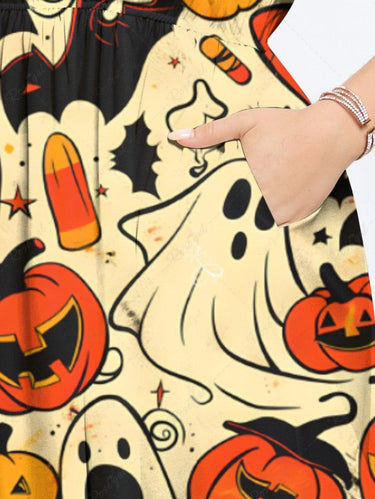 Gothic Plus Size Pumpkin Ghost Bat Print Halloween Split Pocket A Line Midi Dress