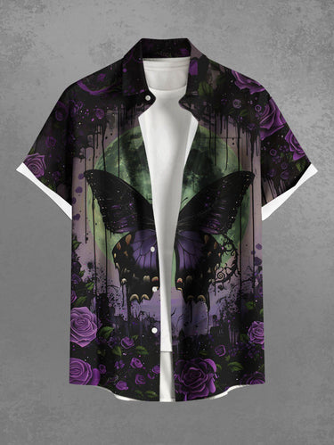 Gothic Plus Size Butterfly Rose Flower Moon Paint Drop Print Button Pocket Shirt For Men
