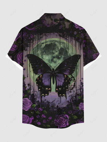 Gothic Plus Size Butterfly Rose Flower Moon Paint Drop Print Button Pocket Shirt For Men