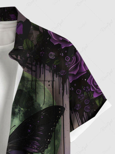 Gothic Plus Size Butterfly Rose Flower Moon Paint Drop Print Button Pocket Shirt For Men