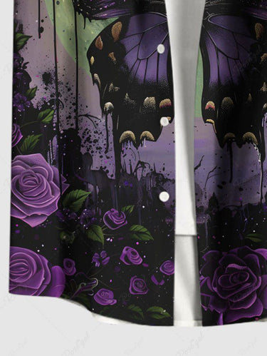 Gothic Plus Size Butterfly Rose Flower Moon Paint Drop Print Button Pocket Shirt For Men