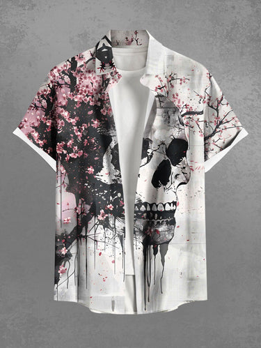 Gothic Plus Size Skull Peach Blossom Flower Ink Painting Print Button Pocket Shirt For Men
