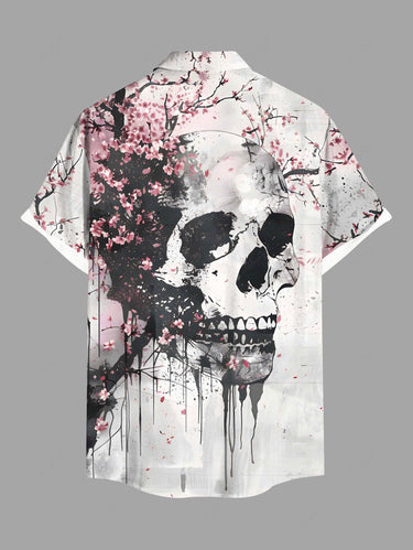 Gothic Plus Size Skull Peach Blossom Flower Ink Painting Print Button Pocket Shirt For Men