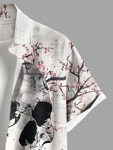 Gothic Plus Size Skull Peach Blossom Flower Ink Painting Print Button Pocket Shirt For Men