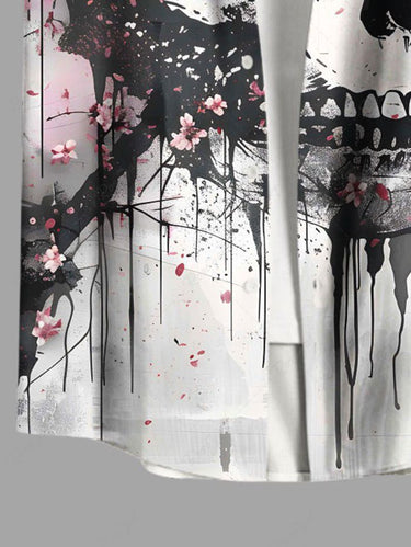 Gothic Plus Size Skull Peach Blossom Flower Ink Painting Print Button Pocket Shirt For Men